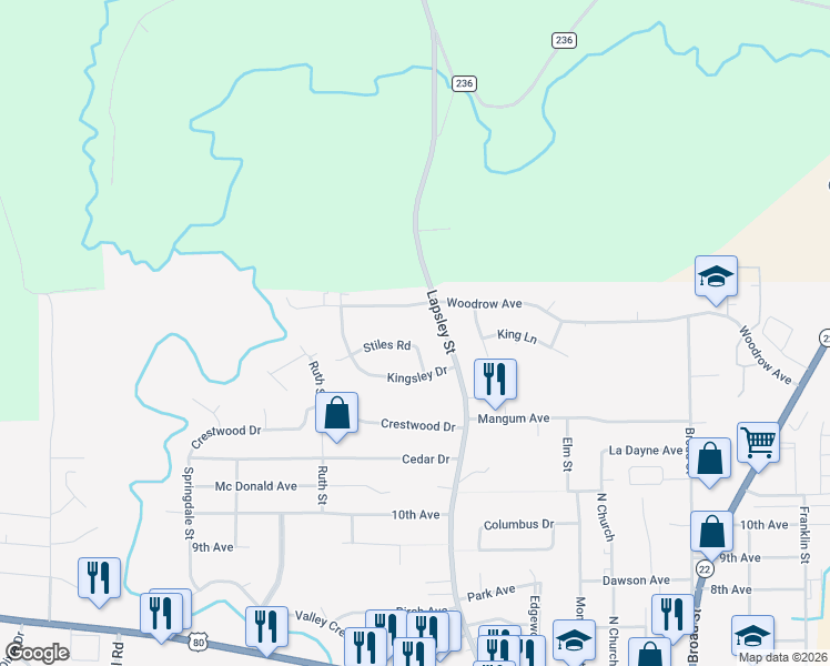 map of restaurants, bars, coffee shops, grocery stores, and more near 415 Stiles Road in Selma