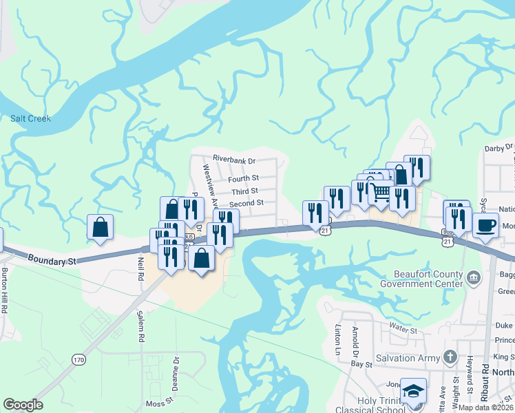 map of restaurants, bars, coffee shops, grocery stores, and more near 2802 Second Street in Beaufort