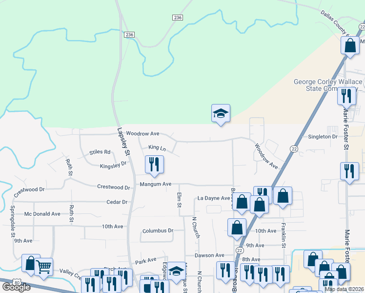 map of restaurants, bars, coffee shops, grocery stores, and more near 850 Woodrow Avenue in Selma