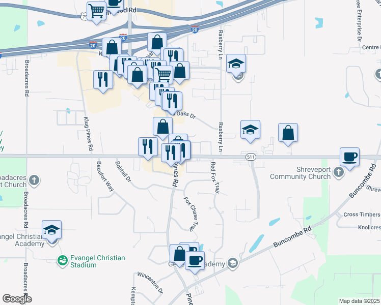 map of restaurants, bars, coffee shops, grocery stores, and more near 6000 West 70th Street in Shreveport