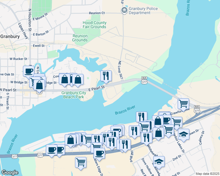map of restaurants, bars, coffee shops, grocery stores, and more near 101,119 Market Street in Granbury