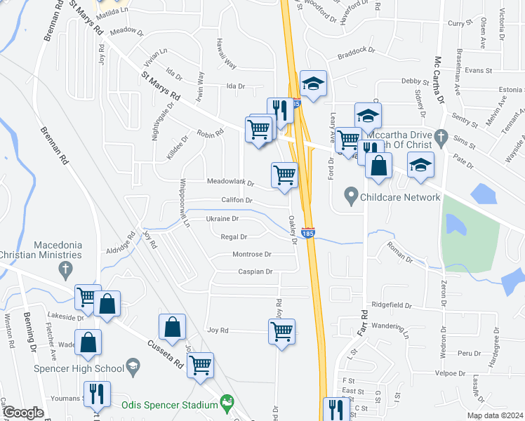 map of restaurants, bars, coffee shops, grocery stores, and more near 3742 Califon Drive in Columbus