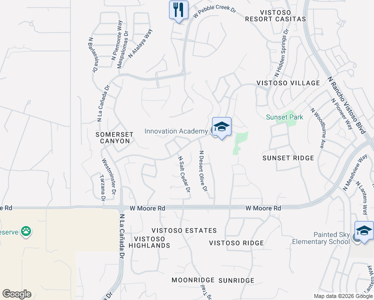 map of restaurants, bars, coffee shops, grocery stores, and more near 912 West Cork Oak Place in Oro Valley