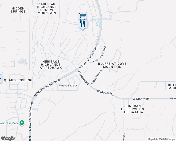map of restaurants, bars, coffee shops, grocery stores, and more near 12998 North Ocotillo Point Place in Marana
