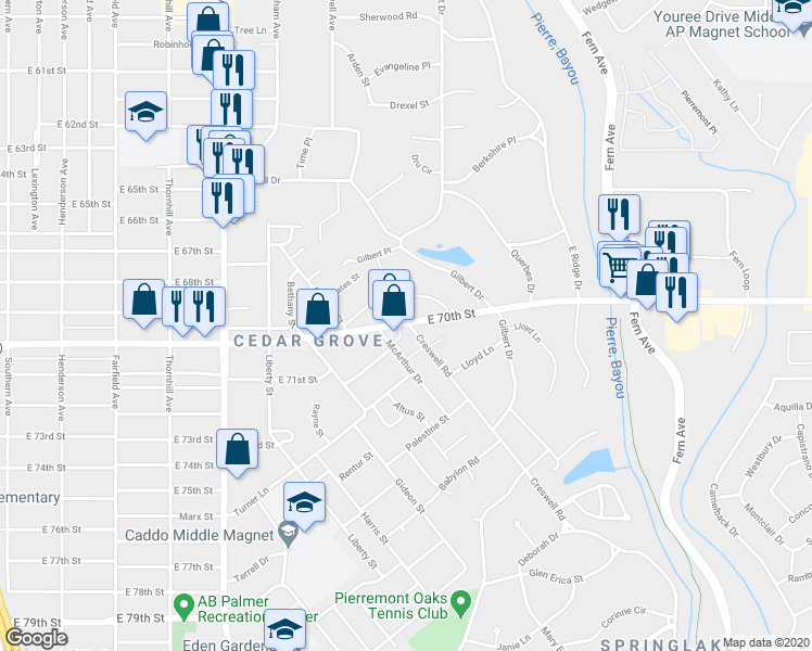 map of restaurants, bars, coffee shops, grocery stores, and more near 934 East 70th Street in Shreveport