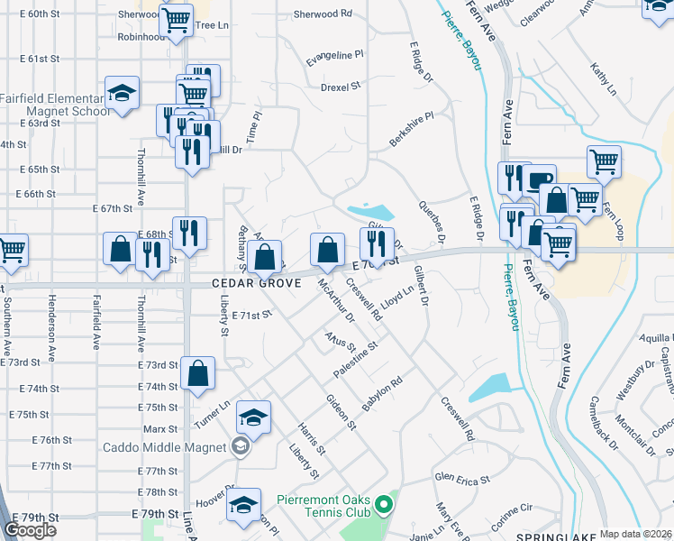 map of restaurants, bars, coffee shops, grocery stores, and more near 934 East 70th Street in Shreveport