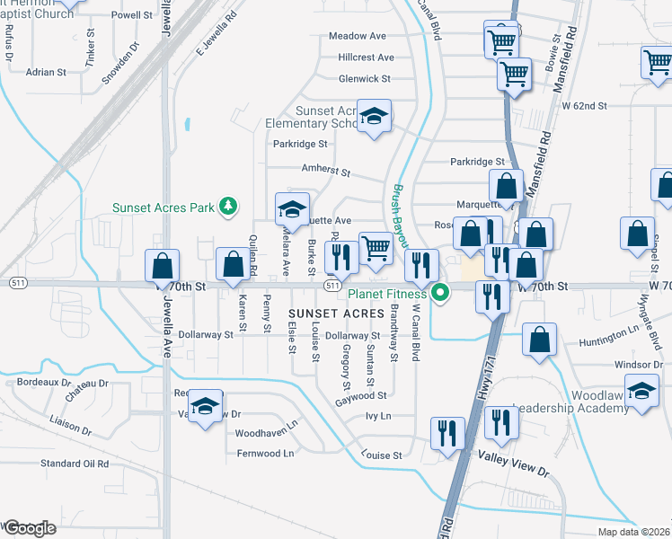 map of restaurants, bars, coffee shops, grocery stores, and more near 6909 Despot Road in Shreveport