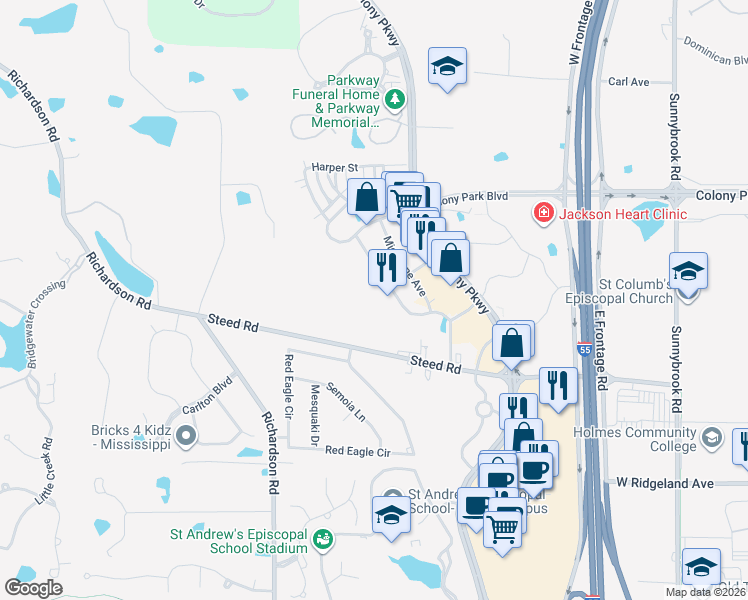 map of restaurants, bars, coffee shops, grocery stores, and more near 340 Township Avenue in Ridgeland