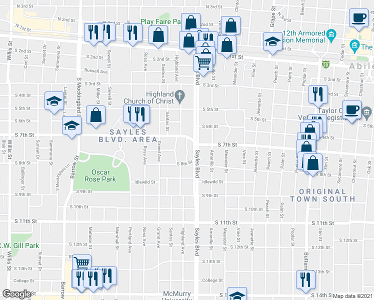 map of restaurants, bars, coffee shops, grocery stores, and more near 700 Sayles Drive in Abilene