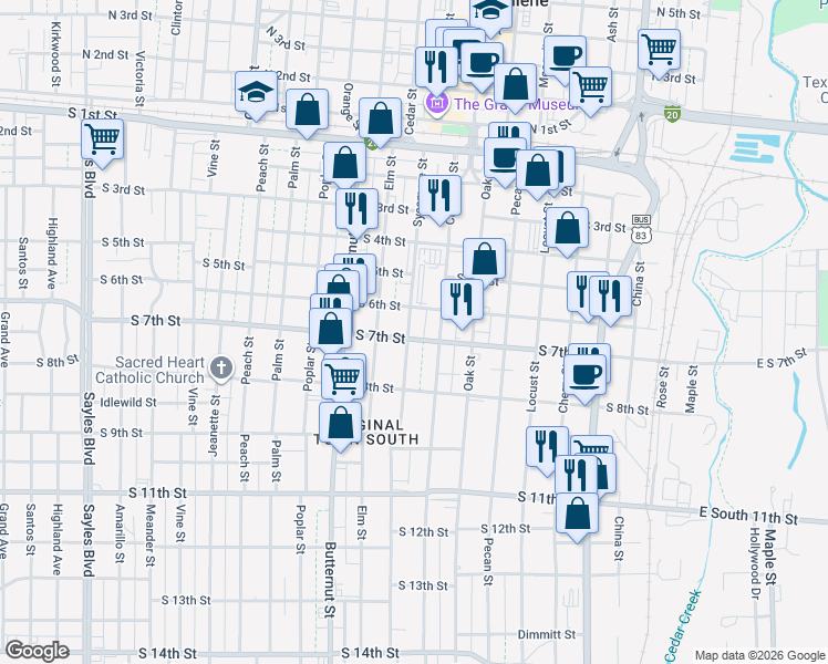 map of restaurants, bars, coffee shops, grocery stores, and more near 1025 South 7th Street in Abilene