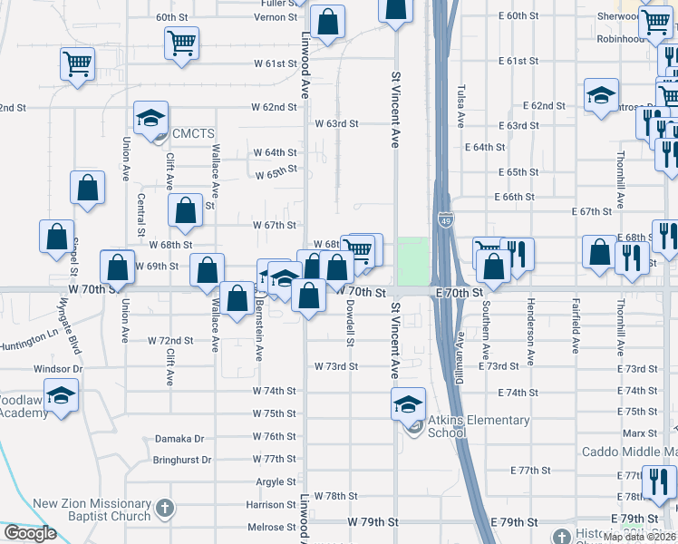 map of restaurants, bars, coffee shops, grocery stores, and more near 303-315 W 70th St in Shreveport