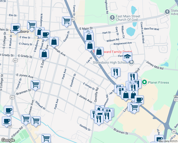 map of restaurants, bars, coffee shops, grocery stores, and more near 603 East Grady Street in Statesboro