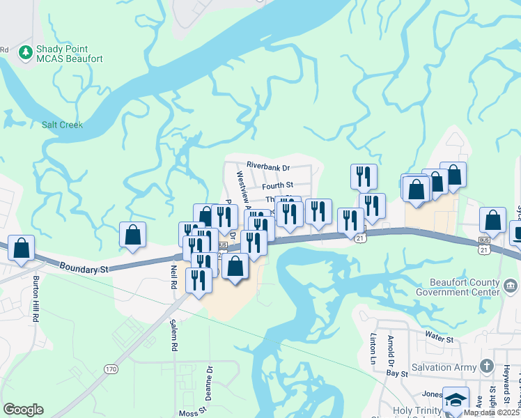 map of restaurants, bars, coffee shops, grocery stores, and more near 3001 Polk Street in Beaufort