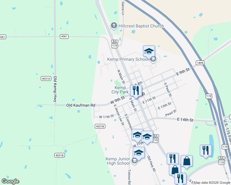 map of restaurants, bars, coffee shops, grocery stores, and more near 712 North Commerce Street in Kemp