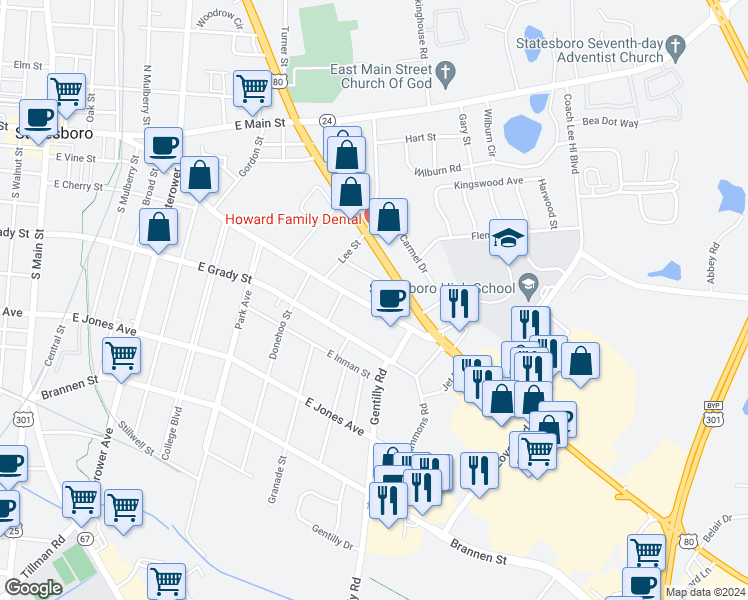 map of restaurants, bars, coffee shops, grocery stores, and more near 363 Savannah Avenue in Statesboro