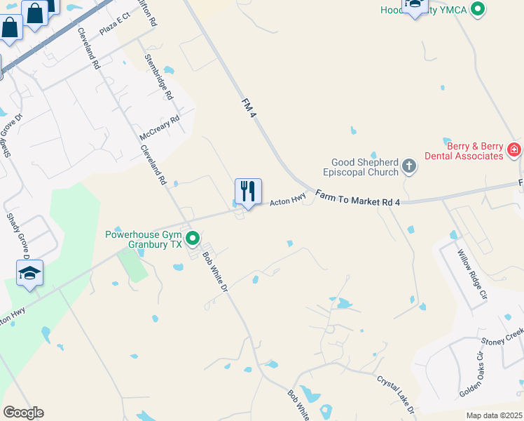 map of restaurants, bars, coffee shops, grocery stores, and more near 4060 Acton Highway in Granbury