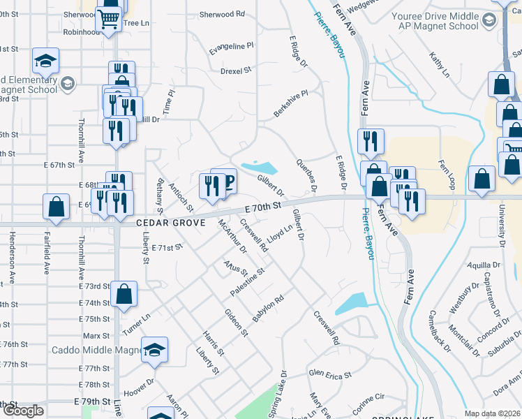 map of restaurants, bars, coffee shops, grocery stores, and more near 1030 East 70th Street in Shreveport