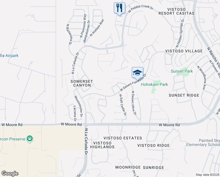 map of restaurants, bars, coffee shops, grocery stores, and more near 13045 North Bellbird Drive in Oro Valley