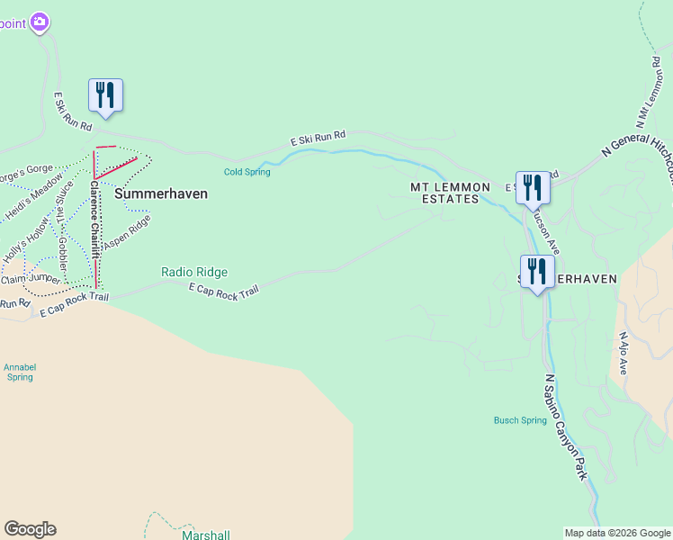 map of restaurants, bars, coffee shops, grocery stores, and more near 11145 East Cap Rock Trail in Mount Lemmon