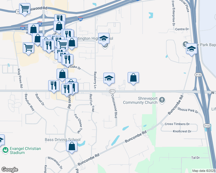 map of restaurants, bars, coffee shops, grocery stores, and more near 5904 West 70th Street in Shreveport