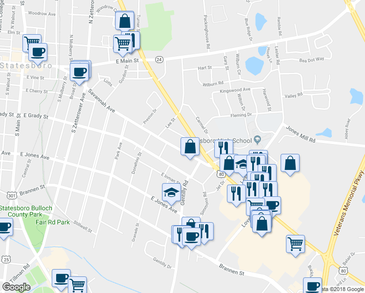map of restaurants, bars, coffee shops, grocery stores, and more near 7 Lindberg Street in Statesboro