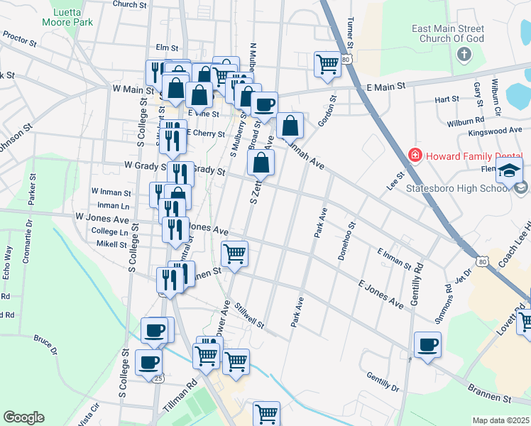 map of restaurants, bars, coffee shops, grocery stores, and more near 213 Donaldson Street in Statesboro