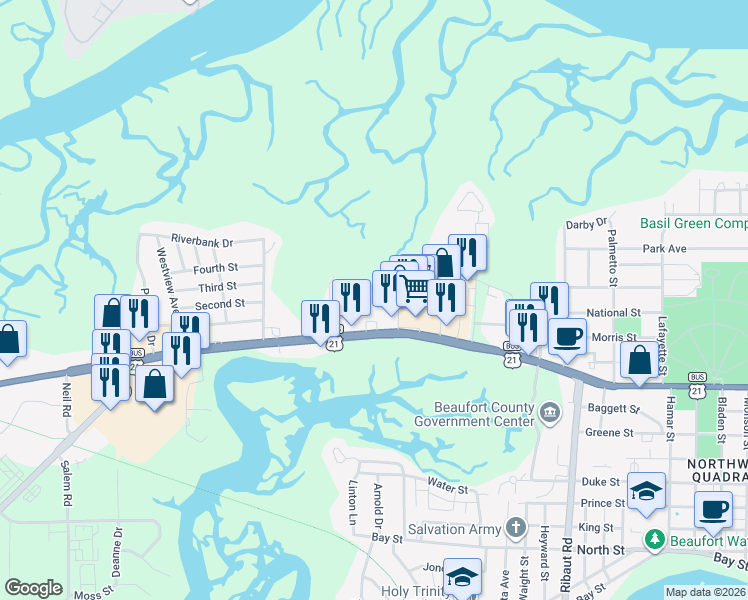 map of restaurants, bars, coffee shops, grocery stores, and more near 2201 Boundary Street in Beaufort