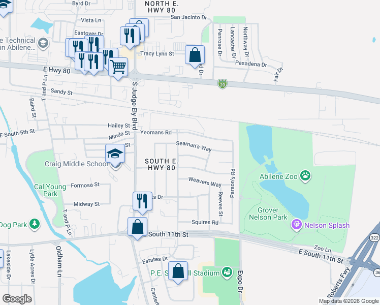 map of restaurants, bars, coffee shops, grocery stores, and more near 1310 Seaman's Way in Abilene