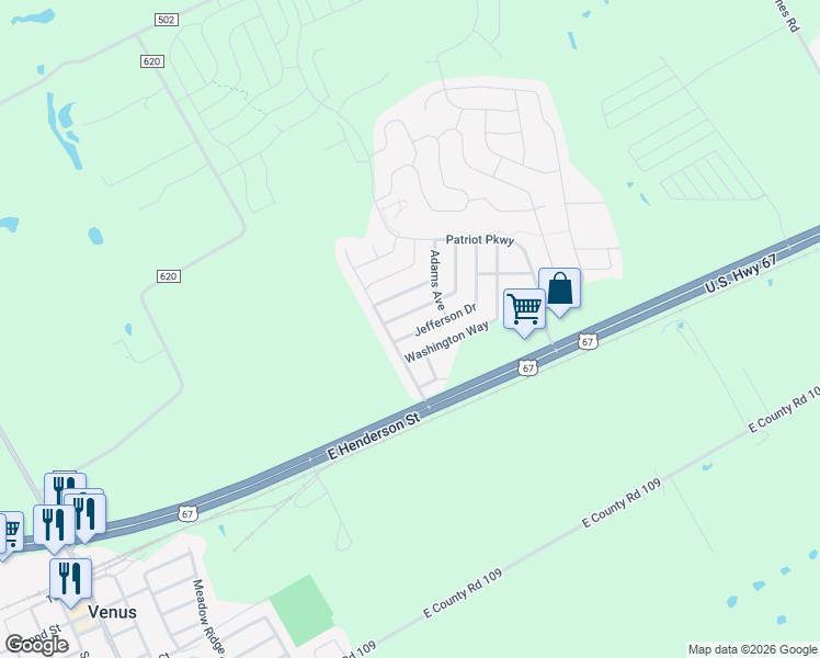 map of restaurants, bars, coffee shops, grocery stores, and more near 117 Independence Avenue in Venus