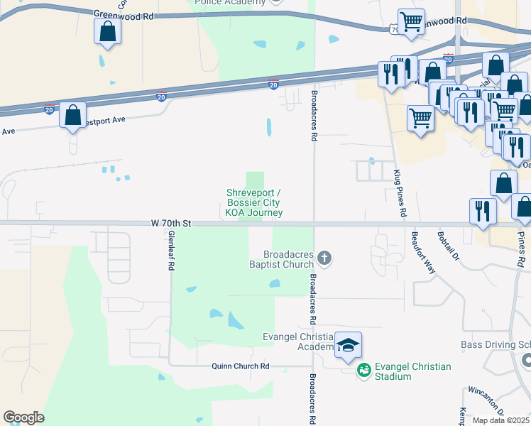map of restaurants, bars, coffee shops, grocery stores, and more near 6510 West 70th Street in Shreveport