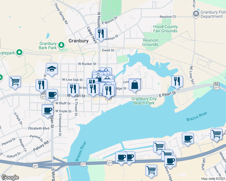 map of restaurants, bars, coffee shops, grocery stores, and more near 307 East Bridge Street in Granbury