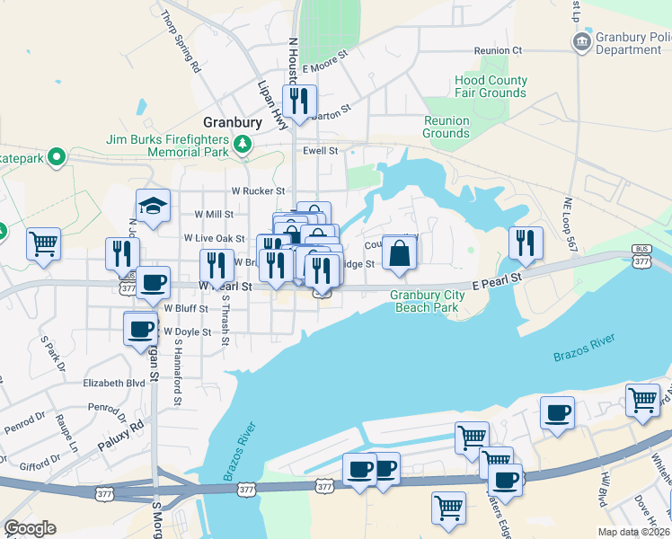 map of restaurants, bars, coffee shops, grocery stores, and more near 307 East Bridge Street in Granbury