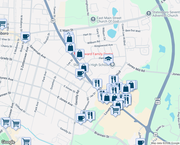 map of restaurants, bars, coffee shops, grocery stores, and more near 26 Carmel Drive in Statesboro