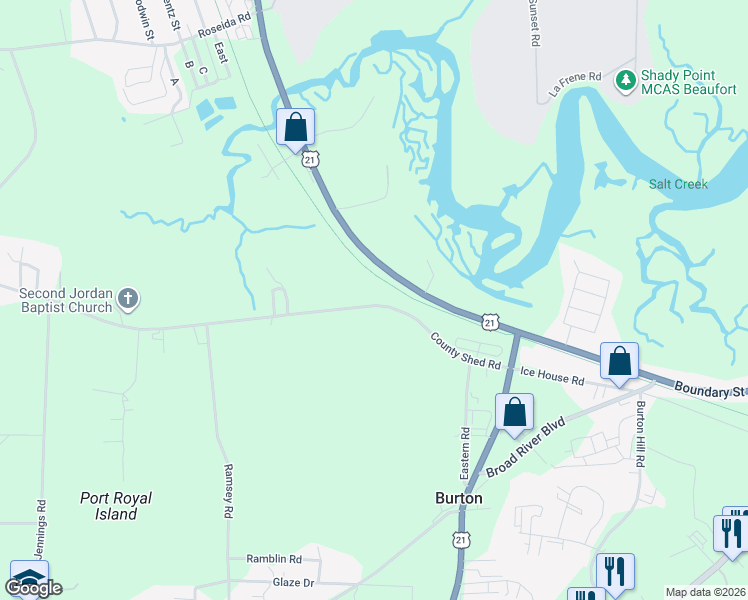 map of restaurants, bars, coffee shops, grocery stores, and more near 3599-3639 Trask Parkway in Beaufort