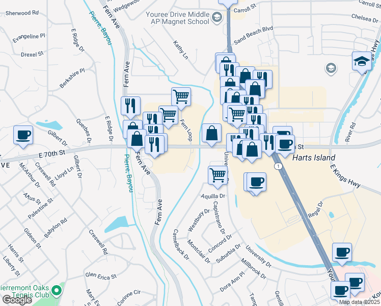 map of restaurants, bars, coffee shops, grocery stores, and more near 1429-1475 E 70th St in Shreveport