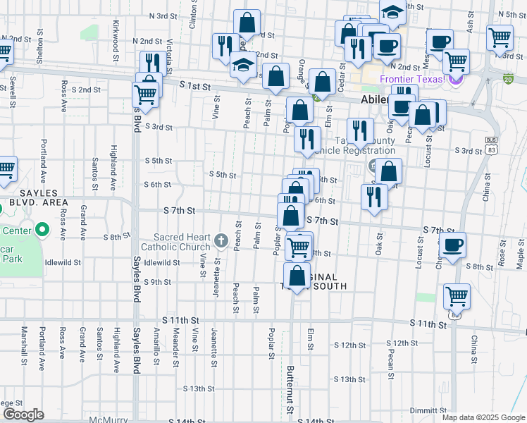 map of restaurants, bars, coffee shops, grocery stores, and more near 643 Palm Street in Abilene