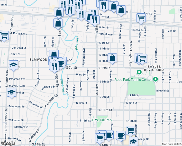 map of restaurants, bars, coffee shops, grocery stores, and more near 3327 South 7th Street in Abilene