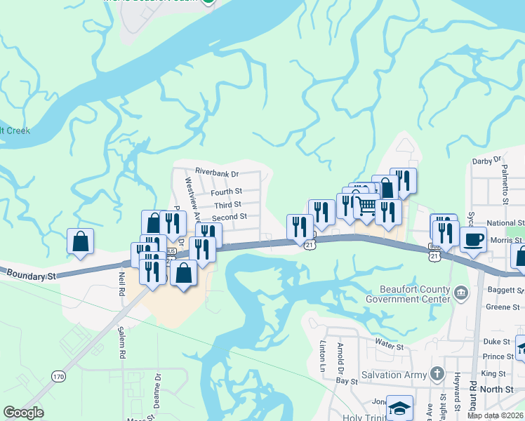 map of restaurants, bars, coffee shops, grocery stores, and more near North Street in Beaufort