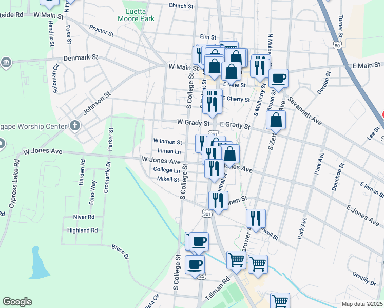 map of restaurants, bars, coffee shops, grocery stores, and more near 218 South College Street in Statesboro
