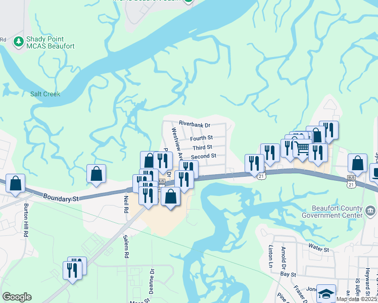 map of restaurants, bars, coffee shops, grocery stores, and more near 2916 Fourth Street in Beaufort