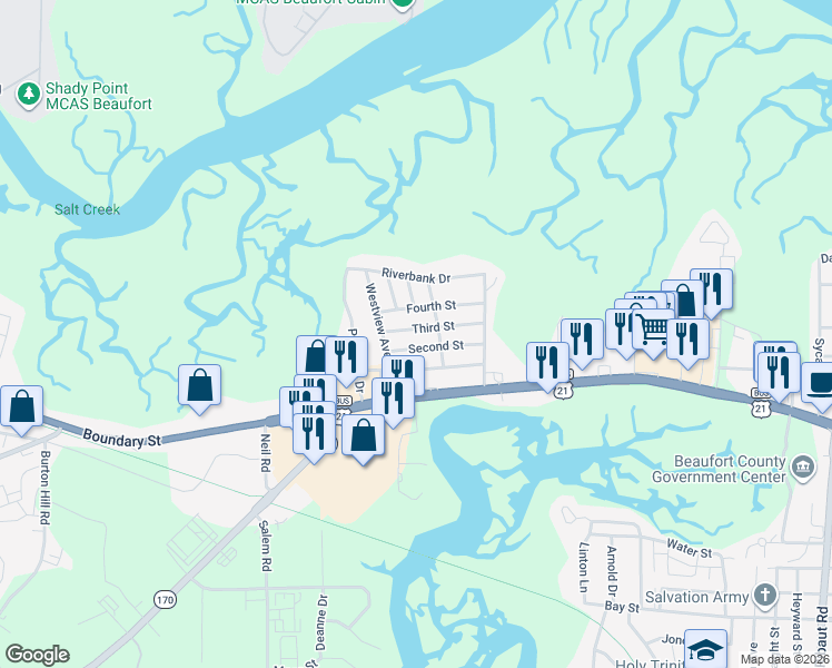 map of restaurants, bars, coffee shops, grocery stores, and more near 2908 State Road S-7-246 in Beaufort