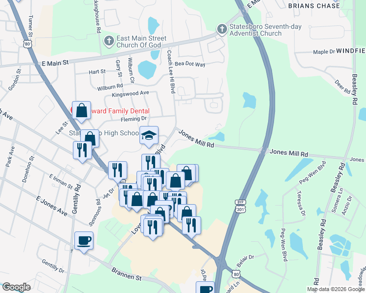 map of restaurants, bars, coffee shops, grocery stores, and more near 300 Jones Mill Road in Statesboro