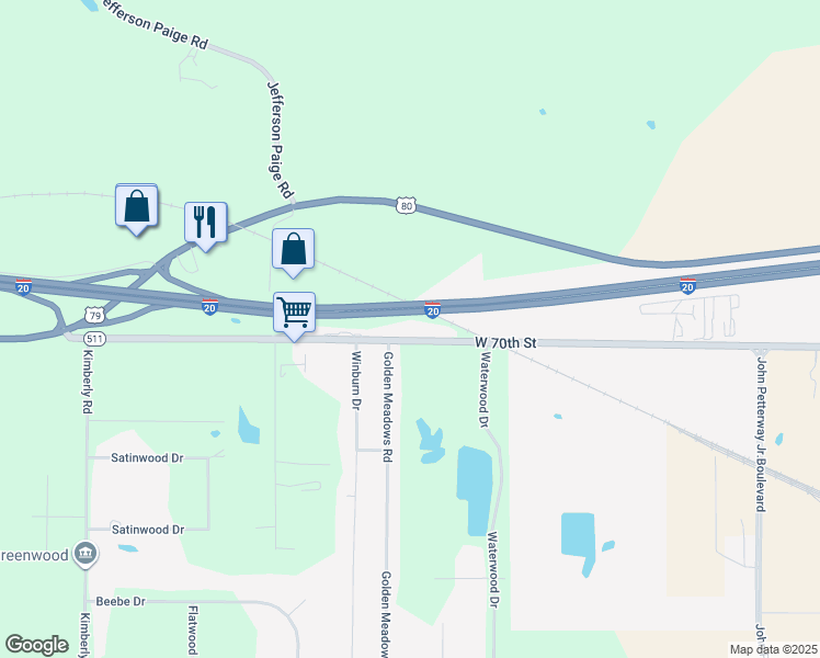 map of restaurants, bars, coffee shops, grocery stores, and more near Interstate 20 in Greenwood