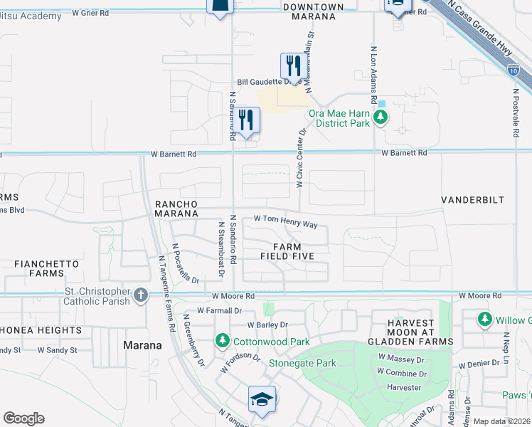 map of restaurants, bars, coffee shops, grocery stores, and more near 11694 West Tom Henry Way in Marana