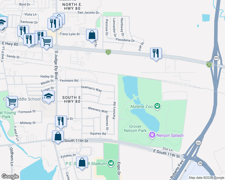 map of restaurants, bars, coffee shops, grocery stores, and more near 609 Parson's Road in Abilene