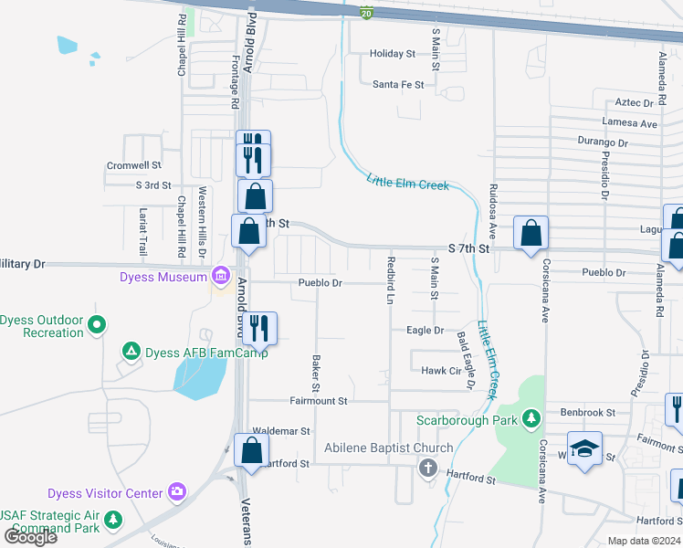 map of restaurants, bars, coffee shops, grocery stores, and more near 736 Chaparral Circle in Abilene