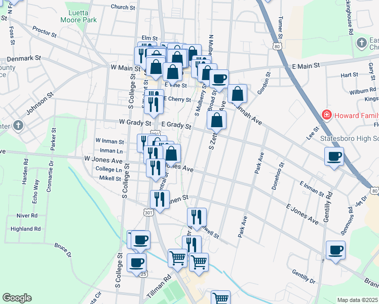 map of restaurants, bars, coffee shops, grocery stores, and more near 235 South Mulberry Street in Statesboro