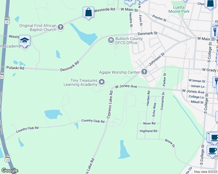 map of restaurants, bars, coffee shops, grocery stores, and more near 701 West Jones Avenue in Statesboro