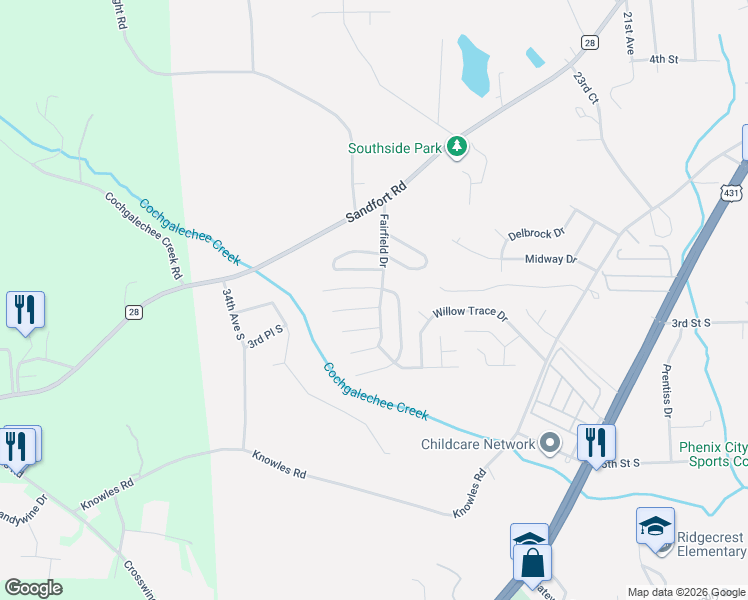map of restaurants, bars, coffee shops, grocery stores, and more near 65 Brentwood Drive in Phenix City