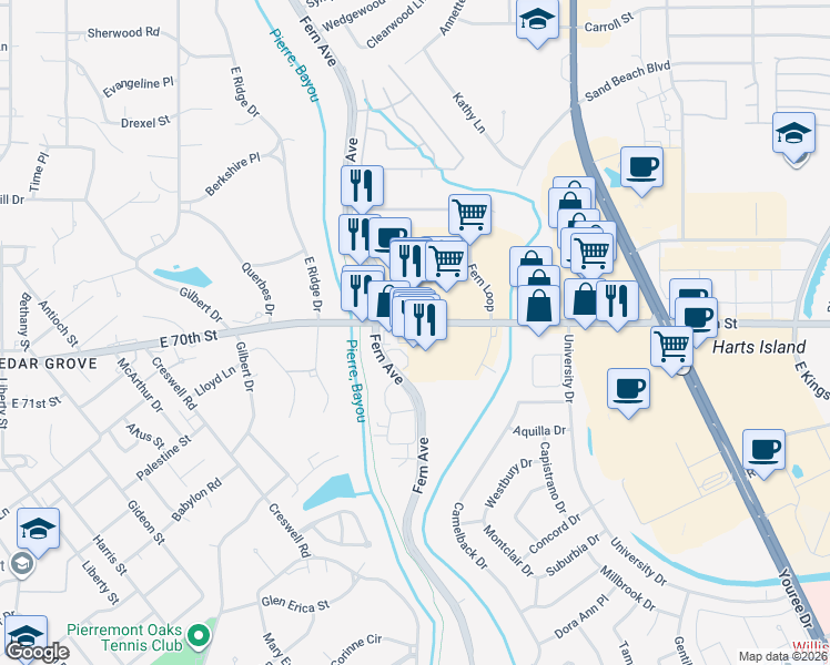 map of restaurants, bars, coffee shops, grocery stores, and more near 1475 East 70th Street in Shreveport